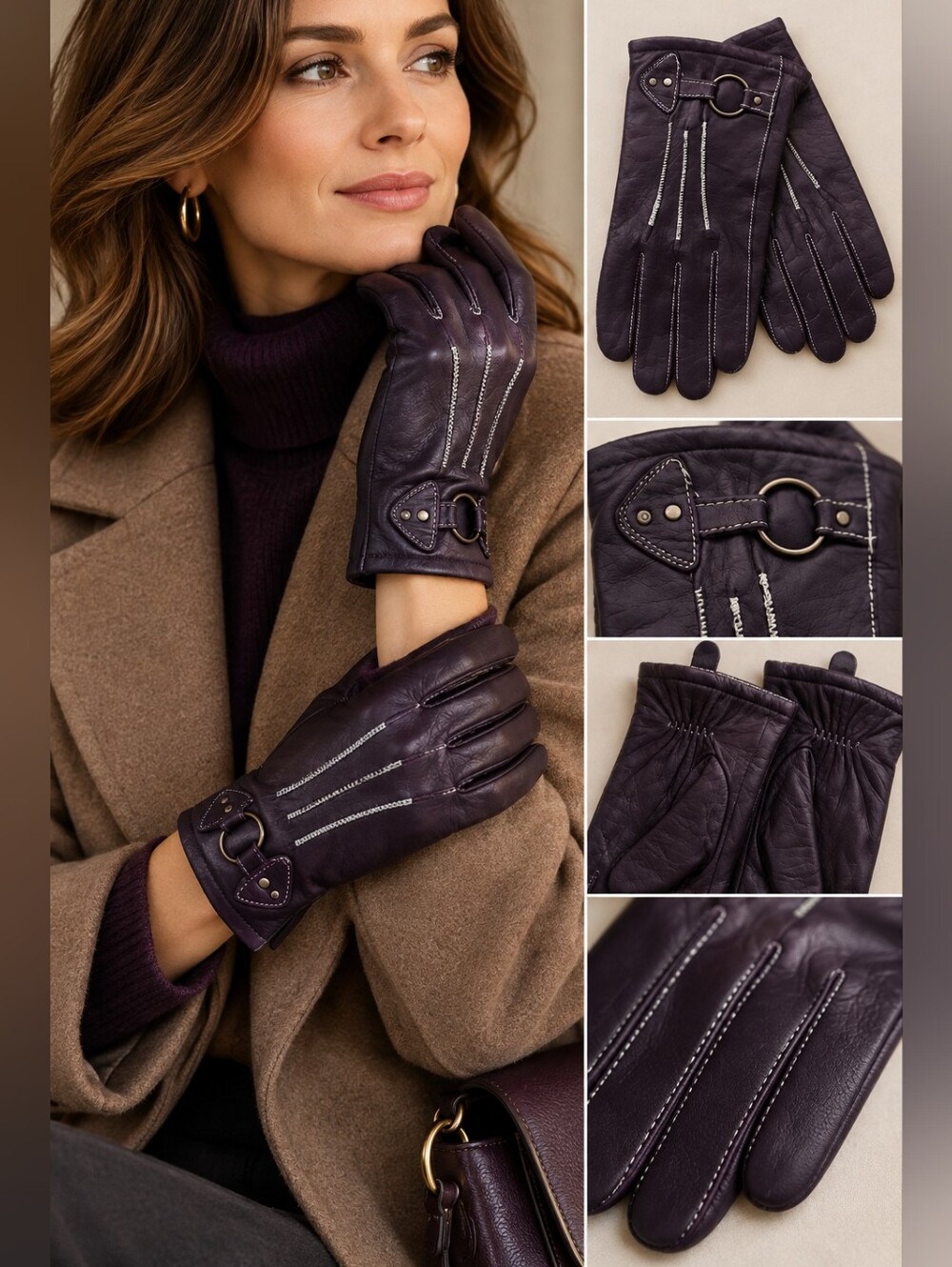 Genuine Leather Gloves Dark Plum Purple O-Ring Detail Statement Style